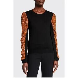 Veronica Beard Adler mixed media leopard sweater Black Orange Merino Wool Small